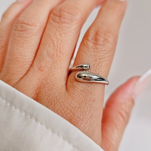 Sterling Silver Small Drop Paddle Ring, Abstract Ring,Wraparound Ring,Adjustable - Picture 3 of 9